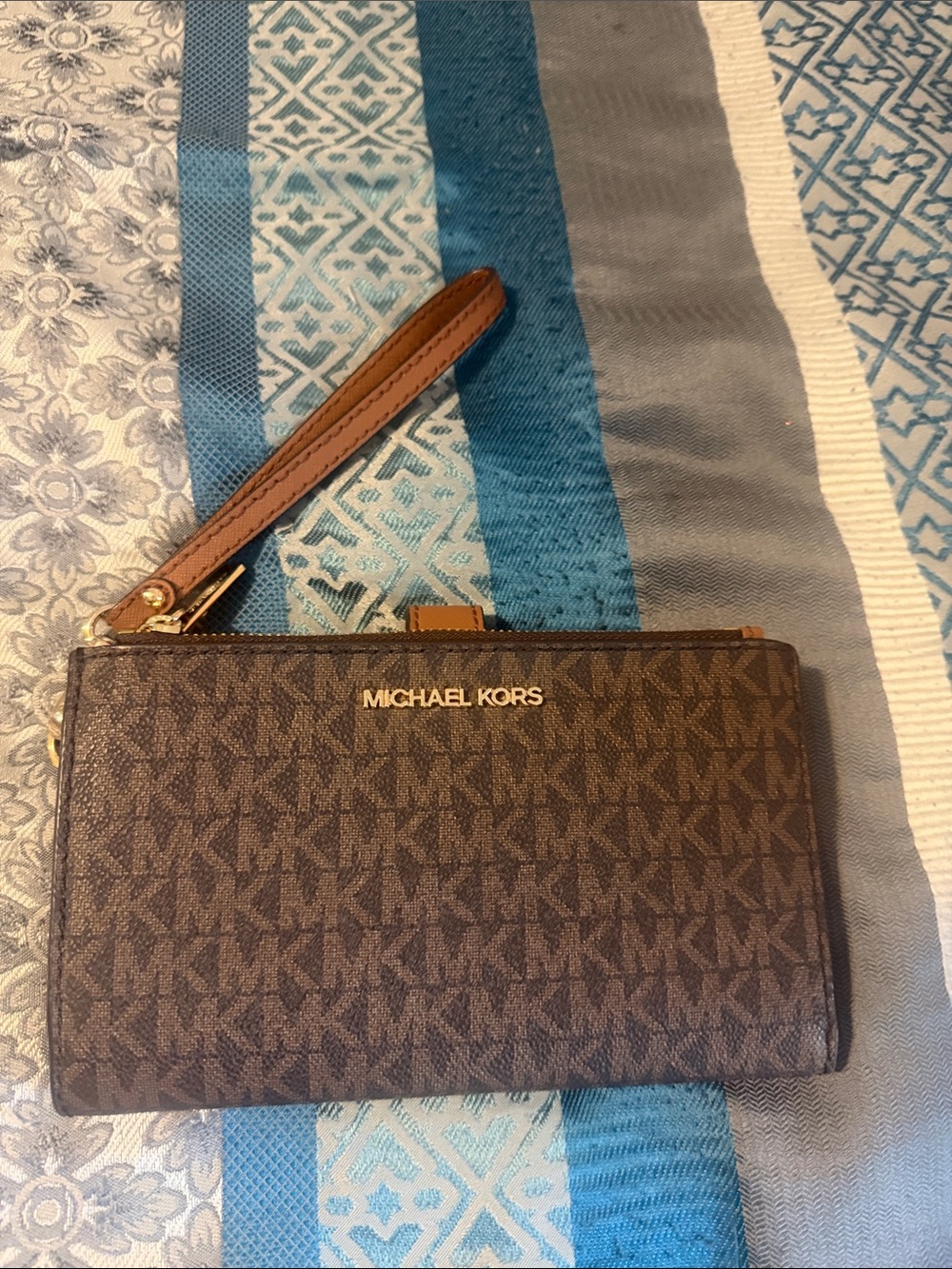 Michael Kors Brown Signature Wristlet Clutch with Gold Logo